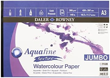 Daler-Rowney Aquafine Cold-Pressed Watercolour & Gouache 1.4mm Thick A3 Art Board, Natural White, Glued 1 Side, 10 Sheets, Ideal for Professional & Beginner Artists & Students, Acid-Free Daler Rowney