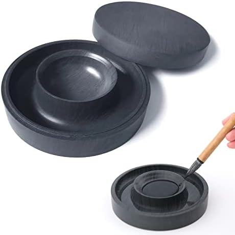 Chinese Calligraphy Inkstone, Ink Stone Prevent Dry, Heavy Weight Plastic Original Design Ink Dish with Lid for Sumi Calligraphy, 2.8" Canister Qi Ming Wen Fang