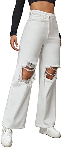 WDIRARA Women's High Waist Ripped Frayed Button Jeans Casual Denim Pants Wdirara