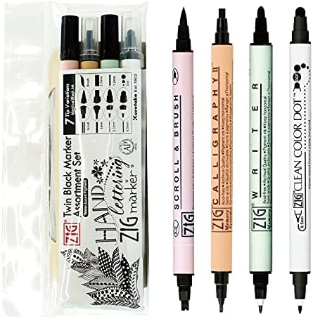 Kuretake ZIG Twin Marker BLACK 4 Assortment set for Hand Lettering, Calligraphy Art, Illustration, Journaling, Cartooning, AP- Certificated, Made in Japan Kuretake