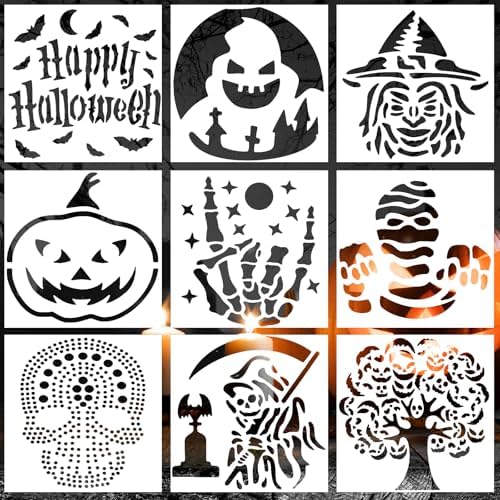 9pcs Halloween Stencils, Reusable Carving Stencils Skeleton Skull Reaper Ghost Painting Template Halloween Stencils for Painting on Wood for Wall Art Fabric Furniture Nqeuepn