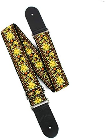 Walker And Williams H-03-MET Vintage Series Yellow & Orange Mandala Woven Guitar Strap with Brushed Nickel Hardware And Thick Leather Ends For Acoustic, Electric, And Bass Guitars Walker & Williams