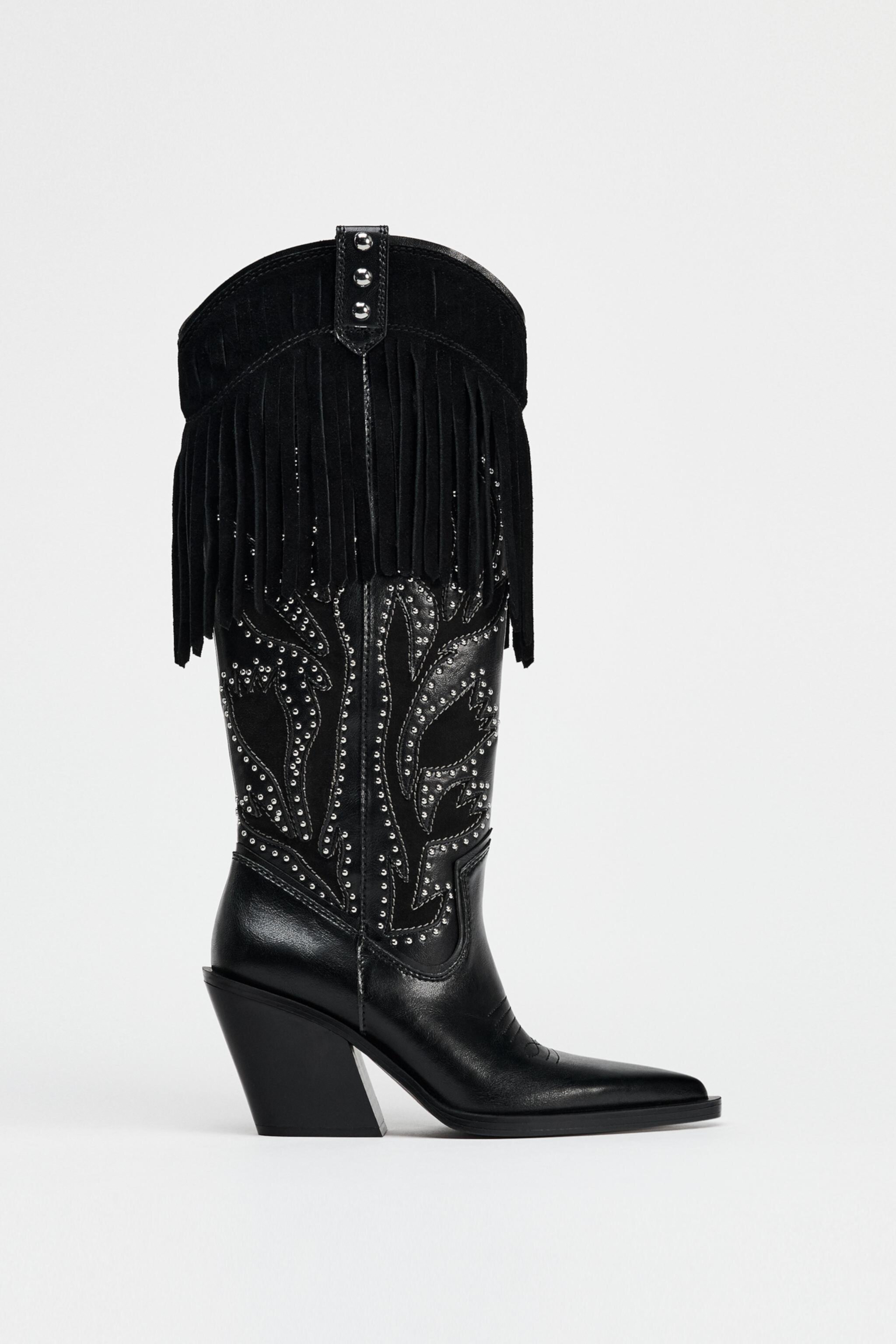 FRINGED STUDDED COWBOY BOOTS Zara