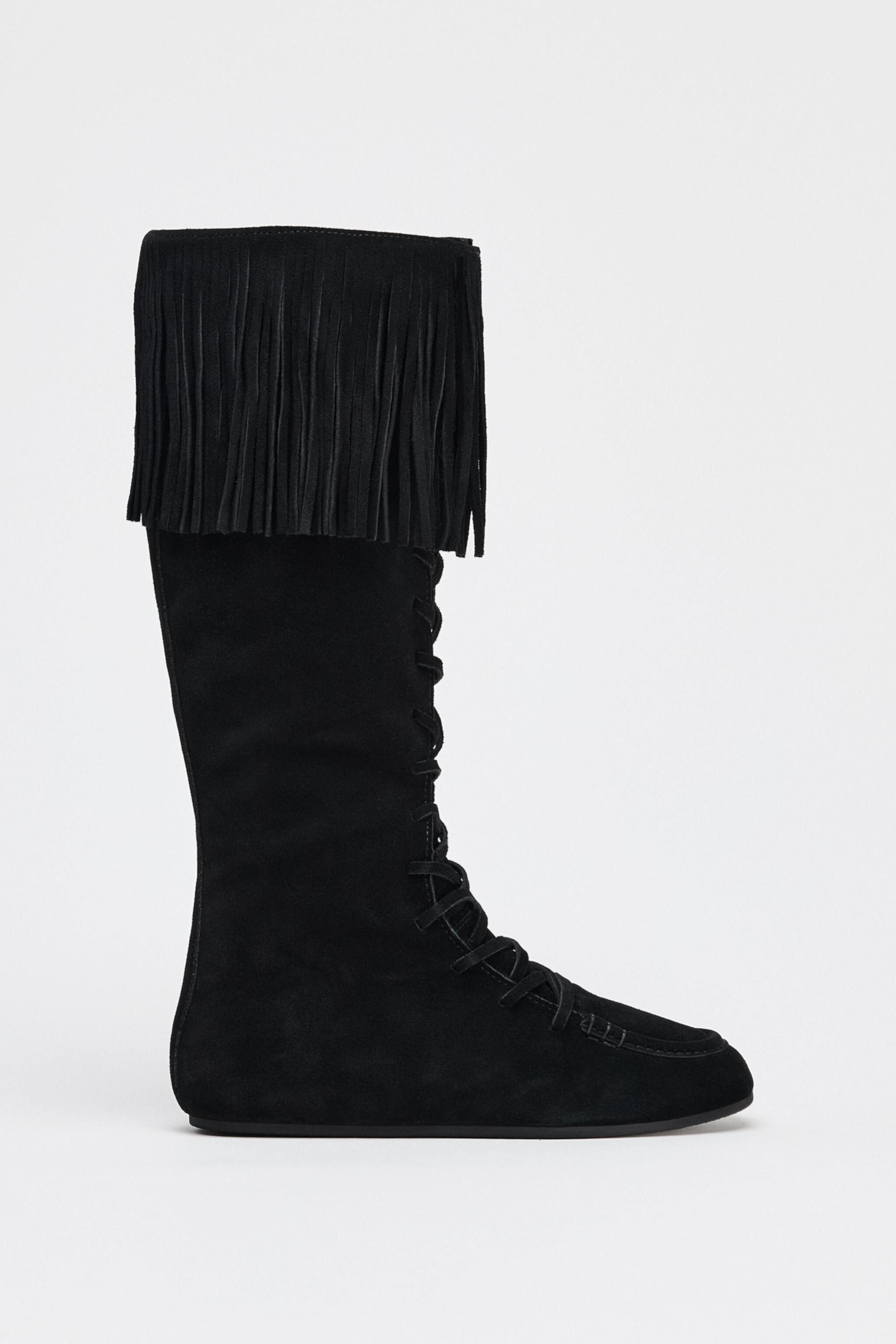 FRINGE LACE-UP SPLIT LEATHER BOOTS Zara