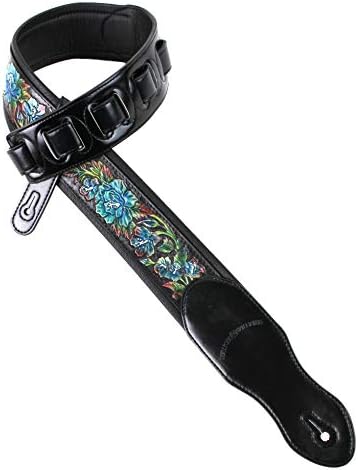 Walker And Williams KB-11 Gloss Black Strap With Carved Cyan Blue Roses On Thick Carving Leather For Acoustic, Electric, And Bass Guitars Walker & Williams