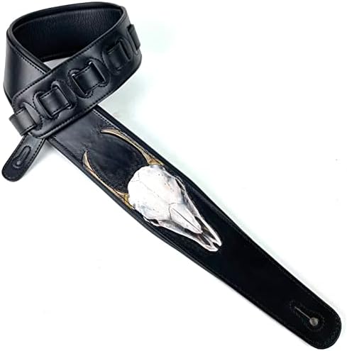 Walker And Williams KB-61 Handmade Carved Longhorn Skull Guitar Strap On Premium Matte Black Leather For Acoustic, Electric, And Bass Guitars Walker & Williams