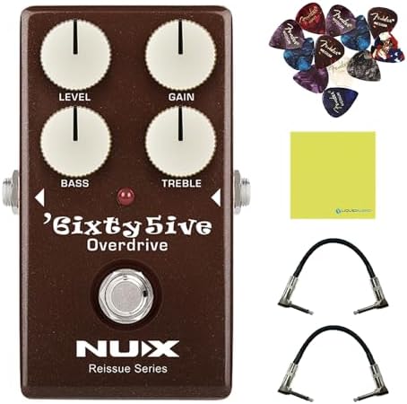 NUX 6ixty5ive Overdrive Effect Pedal Bundle w/2x Strukture S6P48 Woven Right Angle Patch Cables, 12x Guitar Picks and Liquid Audio Polishing Cloth Liquid Audio