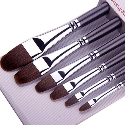 Red Sable Filbert Paint Brushes Set, Golden Maple 6PC Sable Oval Long Handle Paintbrushes for Watercolor, Acrylic, Tempera and Gouache Painting Golden maple