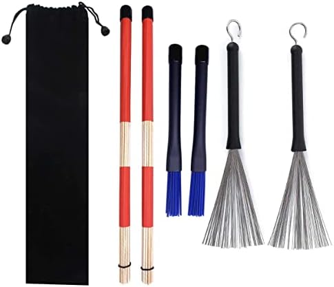 3Pair Drum Brushes Set 1 Pair Drum Wire Brushes, 1 Pair Retractable Nylon Drum Brushes, 1 Pair Rods Drum Sricks Brush for Jazz Folk Drummer Playing Beginner Practicing TUOREN