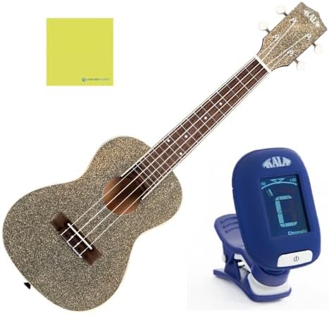 Kala Stardust Gold Sparkle Concert Ukulele Bundle with Kala Klipz Tuner in Blue and Liquid Audio Polishing Cloth - KA-SPRK-GOLD Model Liquid Audio