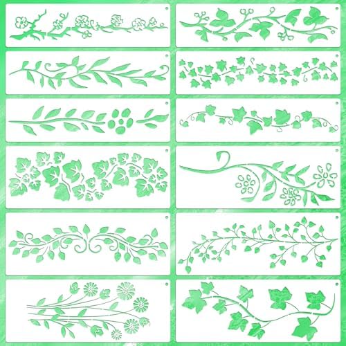 12 Pack Vine Border Stencil Leaf Vine Stencils Leaves & Flower Stencil Leaves Floral Stencil Reusable Floral Templates DIY Crafts Drawing Templates for Painting on Wood Drawing Wall Canvas Home Décor Xthrotsenk