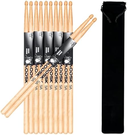 AODSK Drum Sticks 5A Classic America Maple Wood Tear Drop Tip Drumsticks Anti-Slip,Suitable for adults and children with storage Bags-6 Pairs AODSK