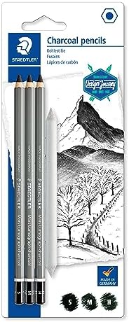 Staedtler Mars Lumograph Charcoal Pencils, Blister Pack of 3 Drawing Pencils (H, M, S) + 1 Blending Stump STAEDTLER