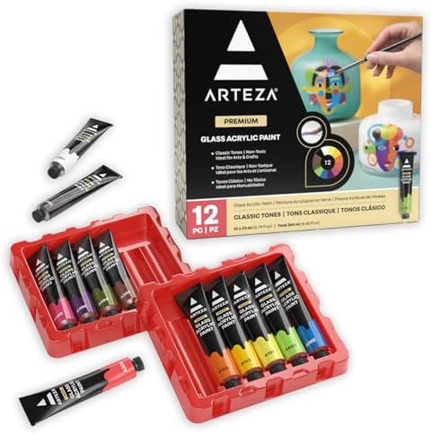 ARTEZA Glass Paint, Acrylic Paint Set of 12 Classic Tones, (0.74 oz, 22 ml) Tubes, Craft Paint for Glass and Ceramics, for Professional Artists and Beginners ARTEZA