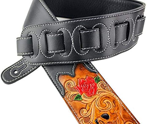 Walker & Williams CVG-12 Black Leather Guitar Strap With Hand Tooled Grateful Skull & Roses For Acoustic, Electric, And Bass Guitars Walker & Williams