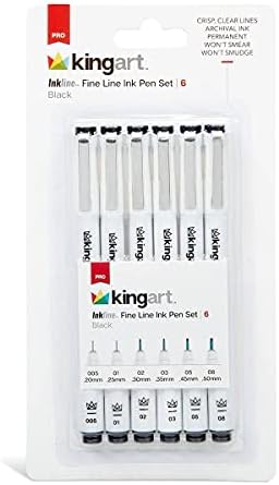 KINGART 430-6 PRO Inkline Black Micro Line & Precision Graphic Pens, 6 Assorted Nibs, BLACK Archival Waterproof Japanese Ink for Art, Illustration, Calligraphy, Sketching, Anime, Technical Drawing, Manga Kingart