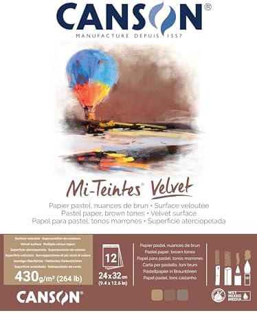 Canson Mi-Teintes Velvet Drawing Paper Pad, Brown Tones, Assorted Colors, Glue Binding, (260lb/430g), 12 Sheet, 9.4x12.6 inch, 1 Count Canson