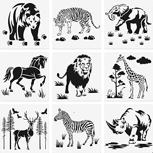 9 Pieces Animal Stencil Templates Reusable Animal Painting Stencil Bear Tiger Elephant Horse Lion Giraffe Zebra Rhino Deer Craft Drawing Template for Greeting Card Scrapbook Wall Art (8 Inch) Zonon