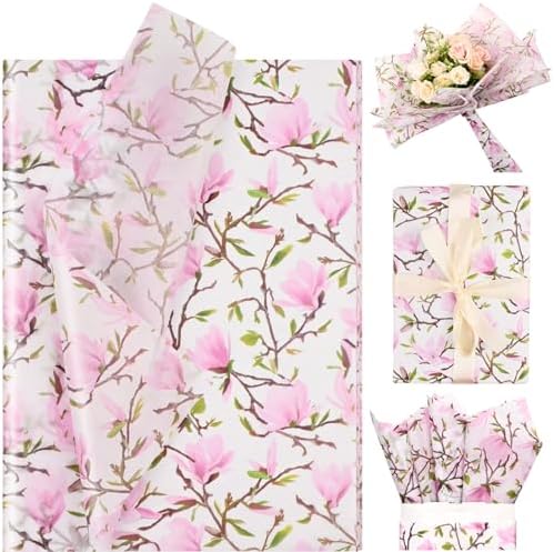 100 Sheets Pink Magnolia Flowers Printed Tissue Paper Floral Pattern and Leaves Art Decorative Tissue for Gift Wrapping Supplies Bolsome