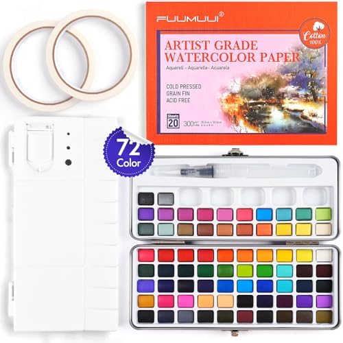 Fuumuui Watercolor Paint Set with 72 Bright Colors, 100% Cotton 6" x 8" Cold Pressed Watercolor Paper Watercolor Palette Masking Tapes Pocket Set For Beginners and Professional Fuumuui