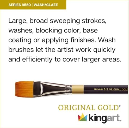 KINGART Premium Original Gold 9550-1 WASH/GLAZE Series Artist Brush, Golden Taklon Synthetic Hair, Short Handle, for Acrylic, Watercolor, Oil and Gouache Painting, Size 1" Kingart