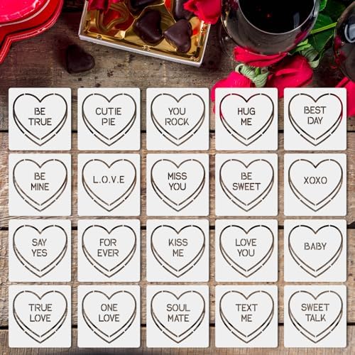 20Pcs Valentine's Day Stencils Conversation Heart Templates Stencils Reusable Template for DIY Art Craft Painting Cake Cookies Coffee Stencils JarThenaAMCS