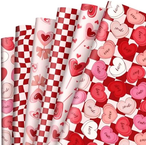 JarThenaAMCS 12 Sheet Valentine's Day Wrapping Paper Boho Heart Checkered Gift Wrap Paper Bulk Red Pink Decorative Art Paper for DIY Crafts, 19.7 x 27.6 Inch, Folded Flat JarThenaAMCS