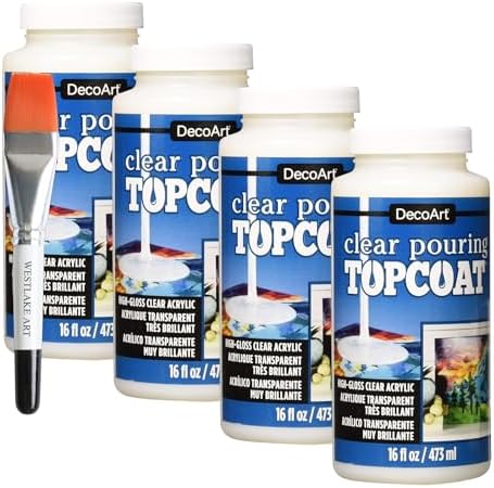 DecoArt Pouring Paint Kit, 16 Fl Oz Clear Top Coat Paint, Bundle with Watercolor Paint Brush, High-Gloss & Uv Protected, Versatile for Acrylics & Mixed Media~ [Pack of 4] Westlake art