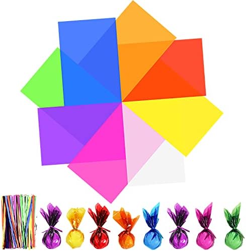 16 Pcs 28 x 40 Inch Cellophane Sheets Cello Wraps Colored Cellophane Paper Transparent Colored Gift Wrap Cellophane with 240 Pcs Metallic Twist Ties, for DIY Arts Crafts Gifts Wrapping Tallew