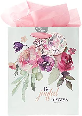 Christian Art Gifts Gift Bag/Tissue Paper Set Be Joyful Always 1 Thessalonians 5:16 Bible Verse, Pink Rose Floral, Medium Christian Art Gifts