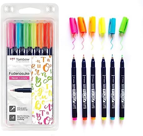 Tombow Fudenosuke Hard Tip Brush Pens (Set of 6) - Neon Colours Tombow