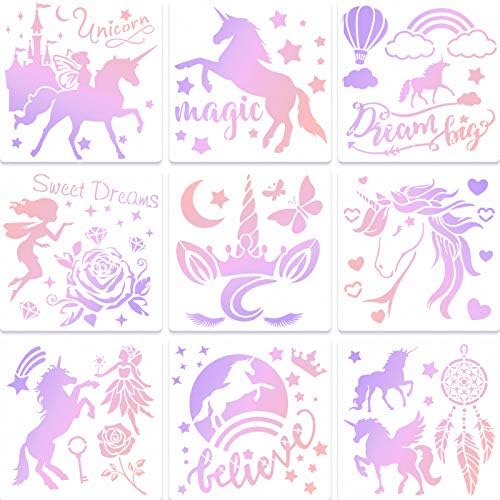 9 Pieces Unicorn Stencils Painting Templates Craft for Arts Card Making Journal Scrapbooking DIY Furniture Wall Floor Painting on Wood Fabric (8 x 8 Inches) Zonon