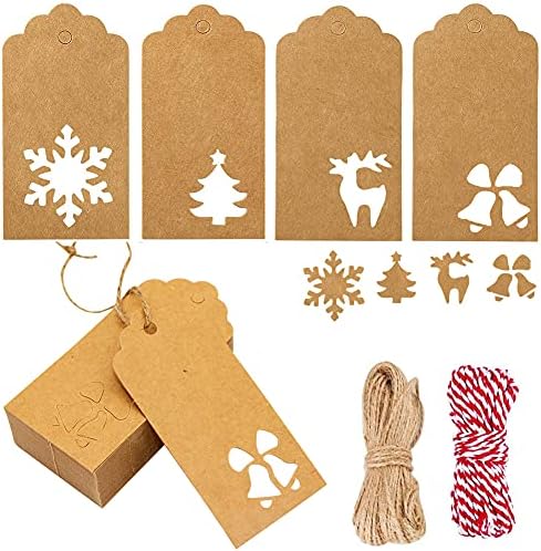 120PCS Christmas Gift Tags Brown Kraft Paper Gift Tags Snowflake Reindeer Xmas Hanging Labels Tags with 32.8 Feet Jute Twine String for Christmas Holiday Present Wrap TrlaFy