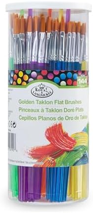 Royal Brush Flat Synthetic Golden Taklon Hair Polymer Handle Classroom Value Brush Set, Assorted Size, Set of 144 - 1440162 Royal & Langnickel