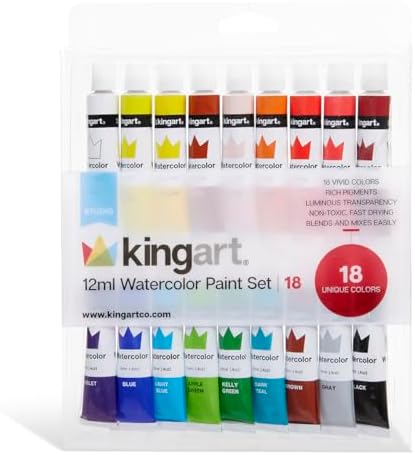 KINGART Studio Watercolor Paint, 12ml (.4oz), Set of 18 Colors Kingart