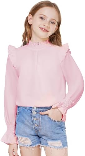 WULFUL Girls Long Sleeve Shirts Casual Smocked Neck Cuffs Tops Cute Fashion Blouses Wulful