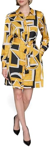 KARL LAGERFELD Women's Button Front Silky Crepe Abstract Printed Satin Shirt Dress Karl Lagerfeld