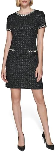 KARL LAGERFELD Women's Pearl Trimmed Short Sleeve Round Neck Sheath Dress Karl Lagerfeld