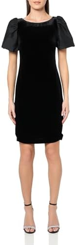 KARL LAGERFELD Women's Round Neck Taffeta Puff Sleeve Stretch Velvet Body Sheath Dress Karl Lagerfeld