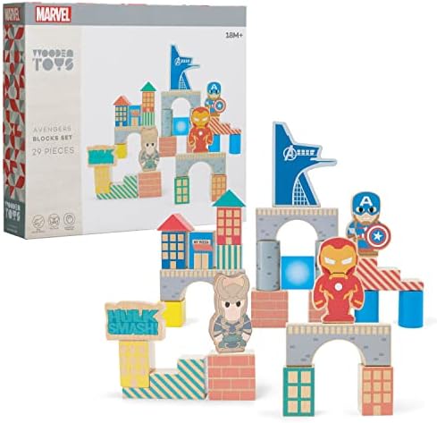 Just Play Disney Marvel Wooden Toys Avengers 29-piece Building Blocks Set, Officially Licensed Kids Toys for Ages 18 Month, Amazon Exclusive, Multi-color Just Play