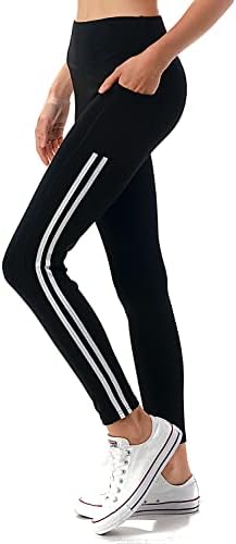 Jvini Women's High Waist Sporty Leggings with Tech Pockets - Striped Sport Yoga Workout Tight Pants Jvini