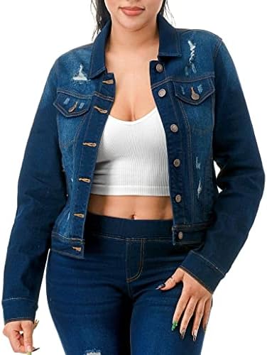 Women's Jean Jacket Juniors Classic & Ripped Distressed Stretch Casual Denim Cropped Tops Jvini