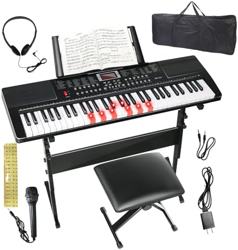 Keyboard Piano 61 Key Electric Piano Keyboard for Beginners/Professional, Full Size Light Up Music Keyboard Built-in Dual Speakers with LED Display, Stand, Music Stand, Microphone, Bench (Black A) SFESGRER