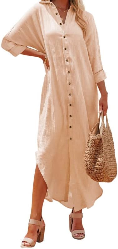 Dokotoo Women Elegant Casual Summer Spring Button Down Front Long Sleeve Maxi Dress Long Cardigan Cover Ups Shirt Dresses Dokotoo