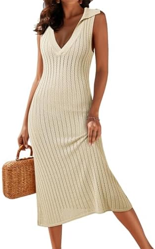 Dokotoo Womens Swimsuit Cover Ups 2024 Summer V Neck Lapel Sleeveless Crochet Knit Hollow Out Beach Coverup Midi Dress Dokotoo