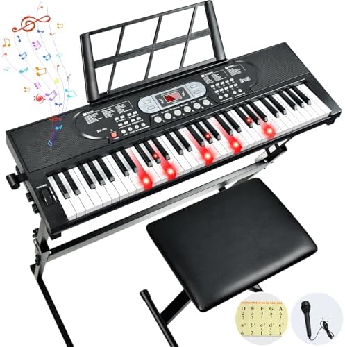 61 Key Keyboard Piano, Electric Piano Keyboard Kit with 200 Voices, 200 Rhythms - Includes Piano Stand, Stool, Microphone, Gift for Beginners, Black Poiale