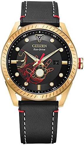 Citizen Eco-Drive Men's Marvel Tony Stark Gold Tone Stainless Steel Watch with Black Leather Strap, Arc Reactor, Luminous, 43mm (Model: BM6992-09W) Citizen