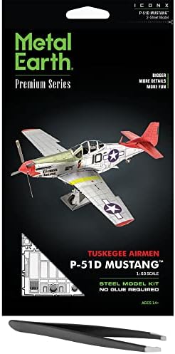 Metal Earth Fascinations Premium Series Tuskegee Airmen P-51D Mustang Red Tail 3D Metal Model Kit Bundle with Tweezers Metal Earth