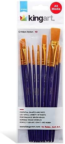 KINGART 212-10 All Purpose 10 Pc. Art, Craft & Hobby Paint Brush Set, Assorted Round & Flat Brushes, Synthetic Nylon Hair, Short Handle, Use with Oil, Acrylic & Watercolor Paint Kingart