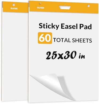 SUNEE Sticky Easel Pads, 25x30 Inches, 30 Sheets/Pad, 2 Pack – Self Stick Flip Chart Paper for Whiteboards, Premium Large White Chart Paper SUNEE